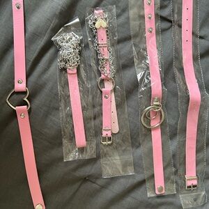 Pink Leather and Silver Chain Fashion Chokers Necklaces Women's Accessory Set